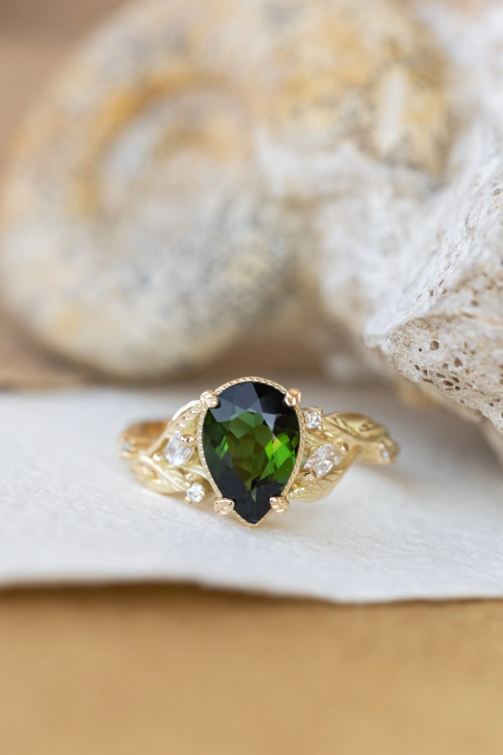 READY TO SHIP: Patricia ring in 14K yellow gold, green tourmaline pear cut 10x7 mm, accent natural diamonds, AVAILABLE RING SIZES: 5.5-7.5US