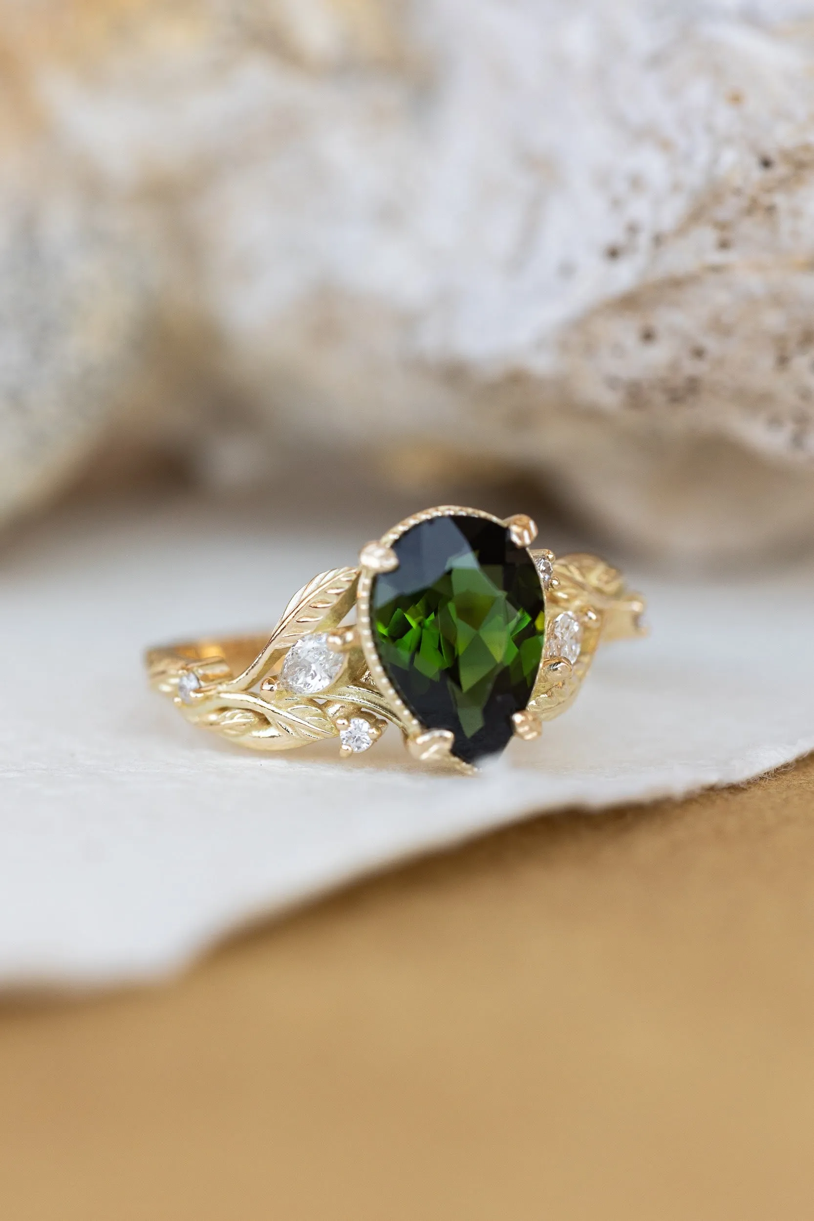 READY TO SHIP: Patricia ring in 14K yellow gold, green tourmaline pear cut 10x7 mm, accent natural diamonds, AVAILABLE RING SIZES: 5.5-7.5US