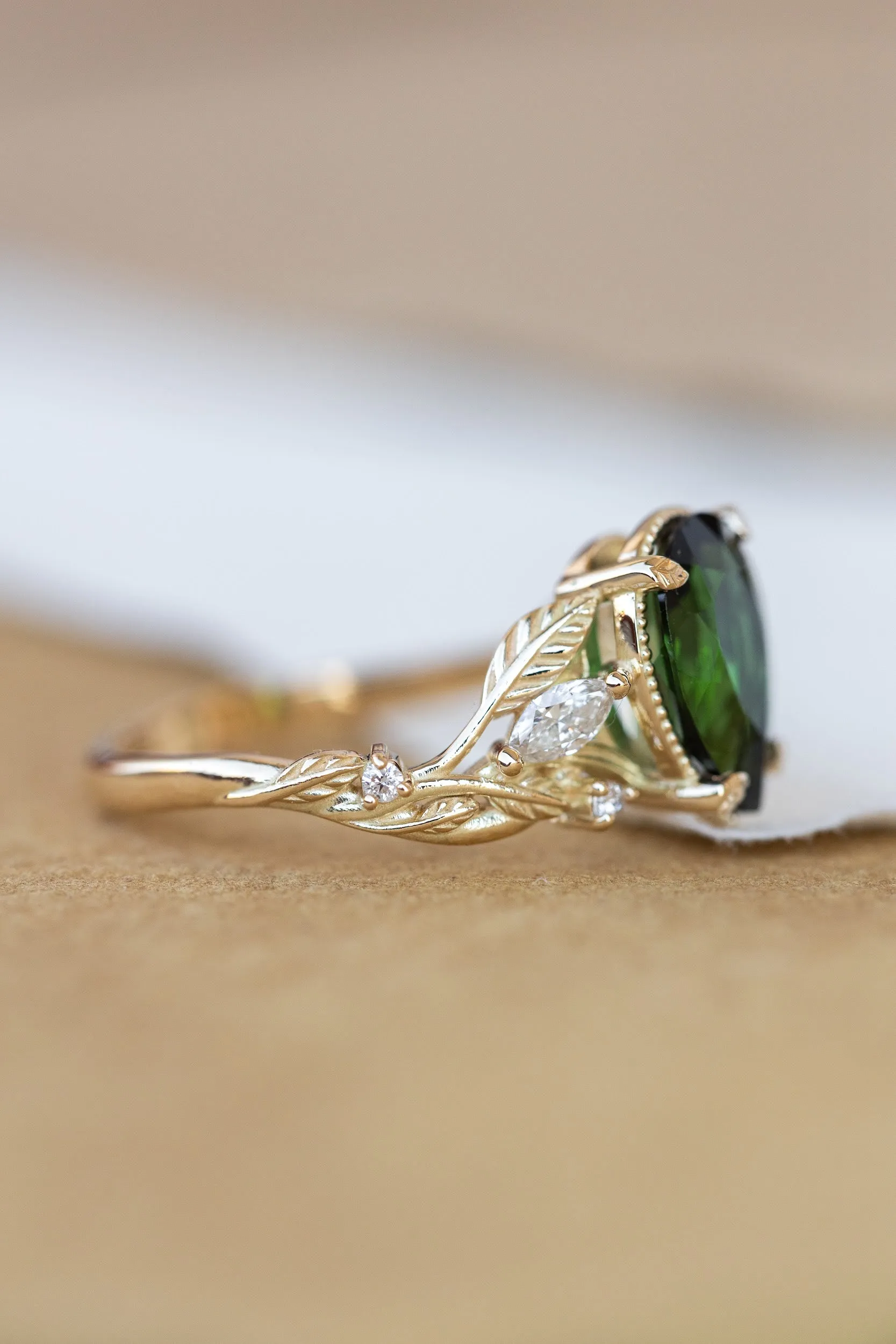 READY TO SHIP: Patricia ring in 14K yellow gold, green tourmaline pear cut 10x7 mm, accent natural diamonds, AVAILABLE RING SIZES: 5.5-7.5US