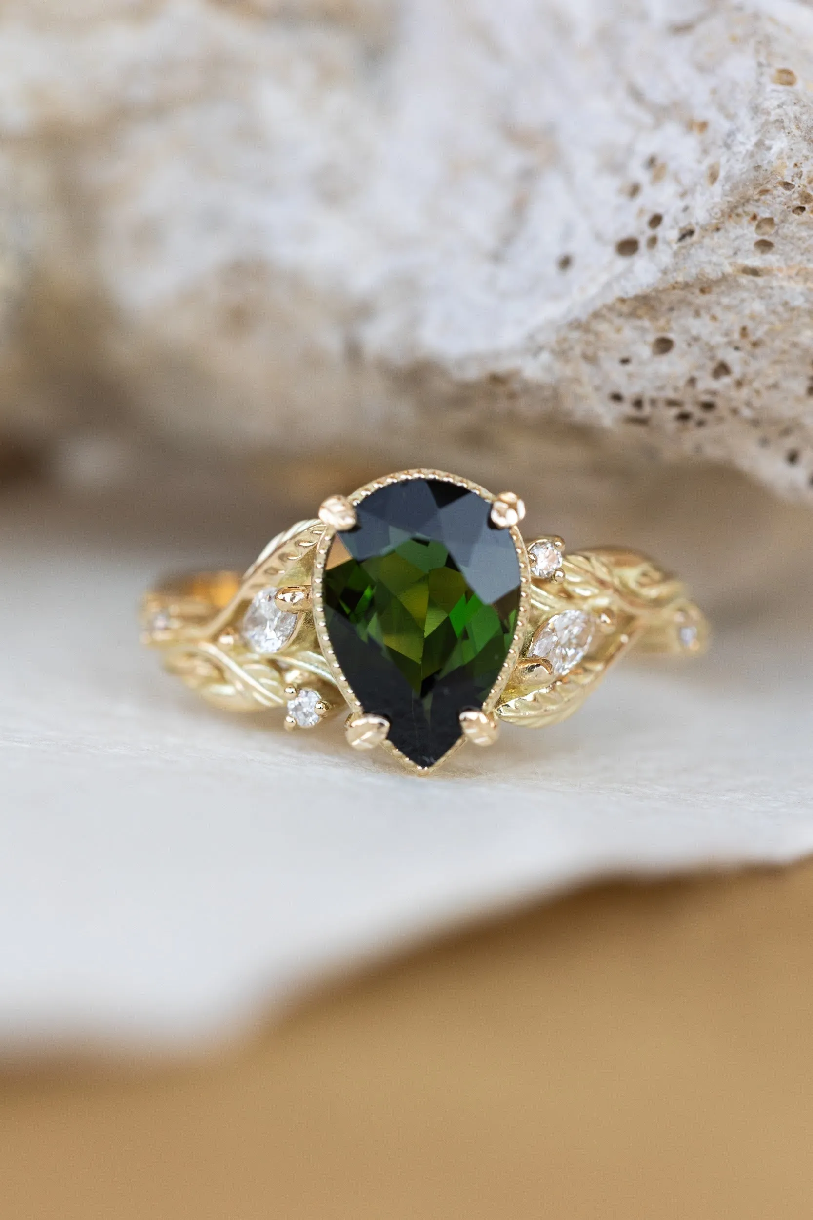 READY TO SHIP: Patricia ring in 14K yellow gold, green tourmaline pear cut 10x7 mm, accent natural diamonds, AVAILABLE RING SIZES: 5.5-7.5US