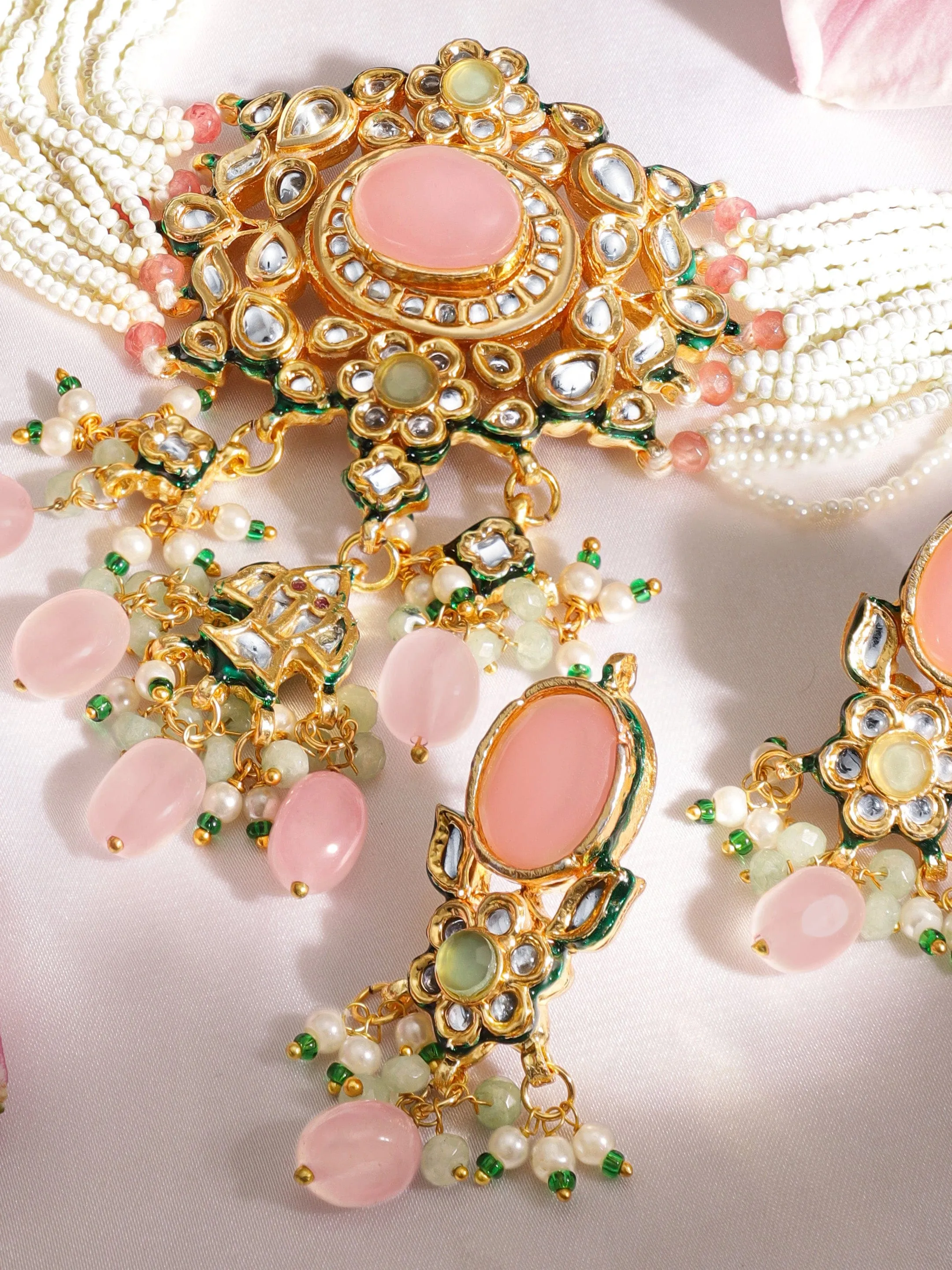 Rubans 22K Gold plated pastel pink gemstone with kundan and pearls regal Necklace set