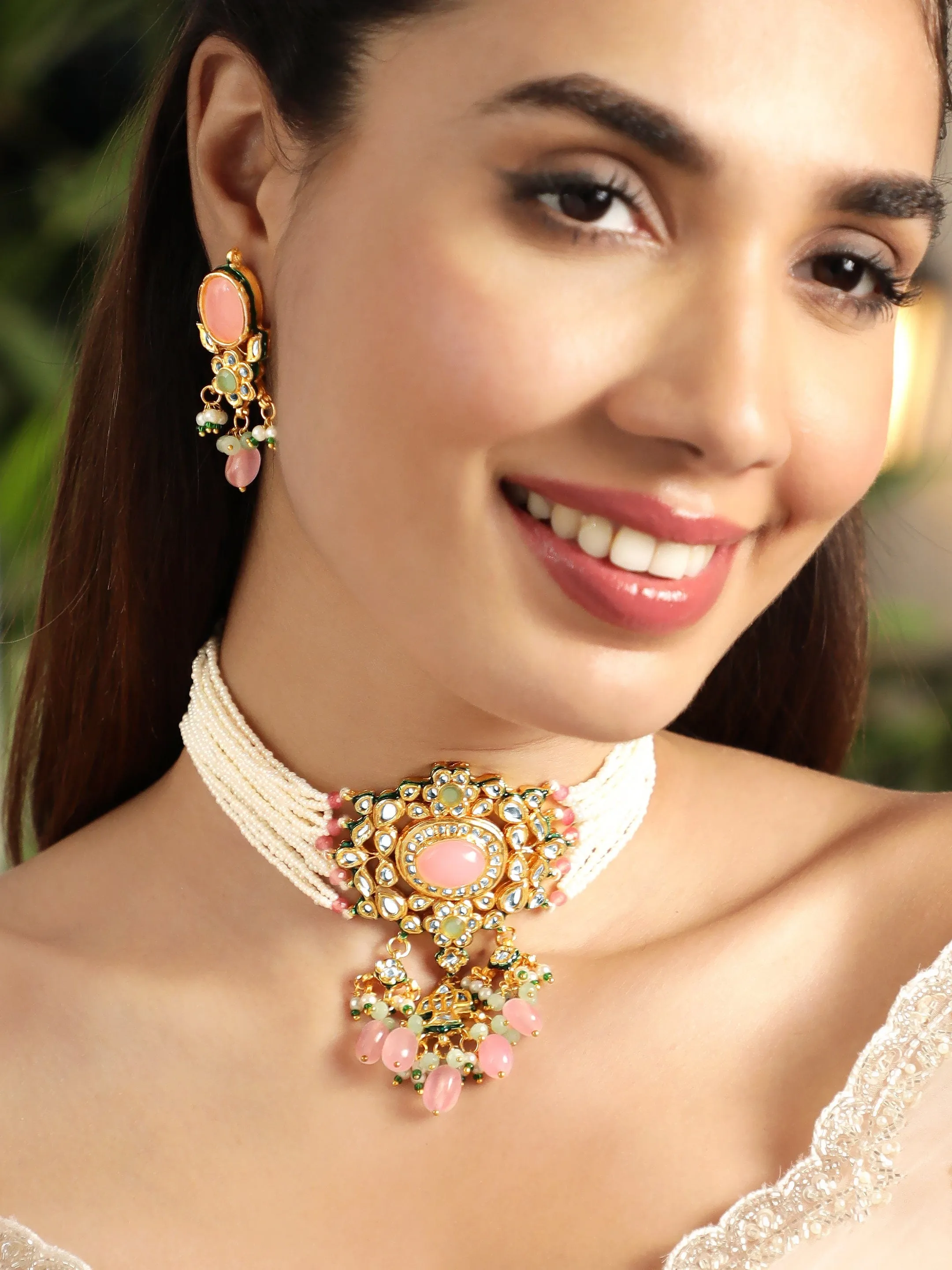 Rubans 22K Gold plated pastel pink gemstone with kundan and pearls regal Necklace set