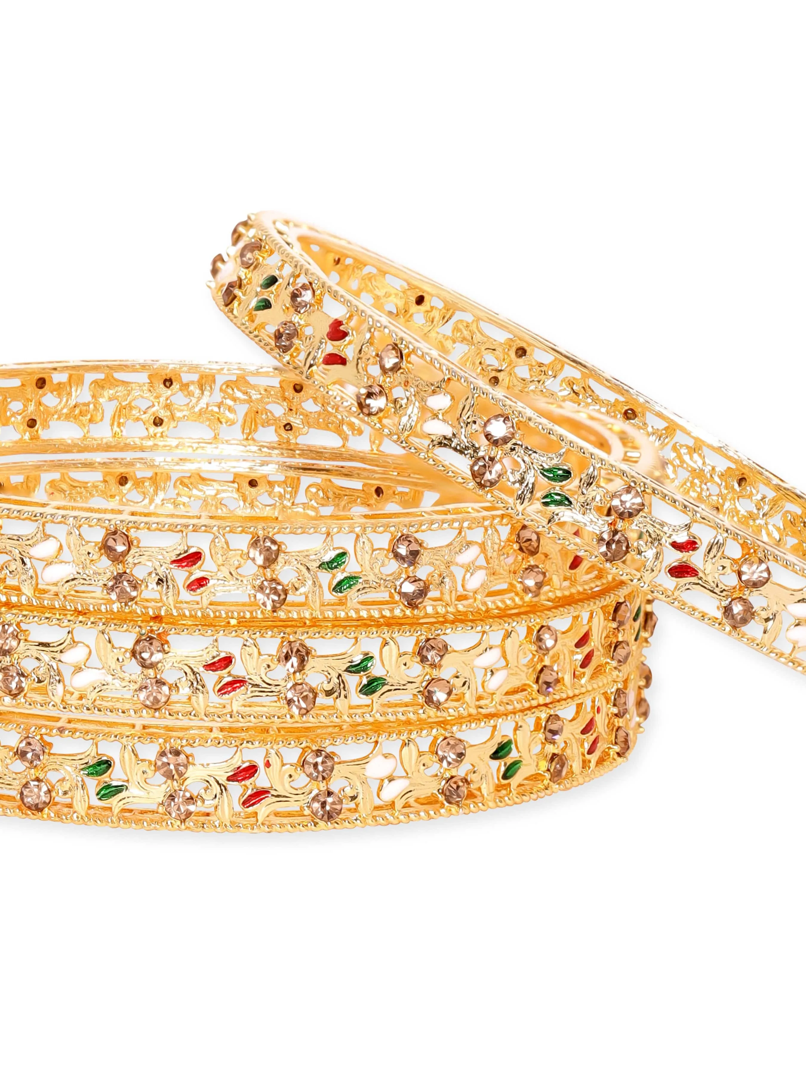 Rubans Set of 4, 22K Gold plated multicolour zirconia filigree detailed bangles  "