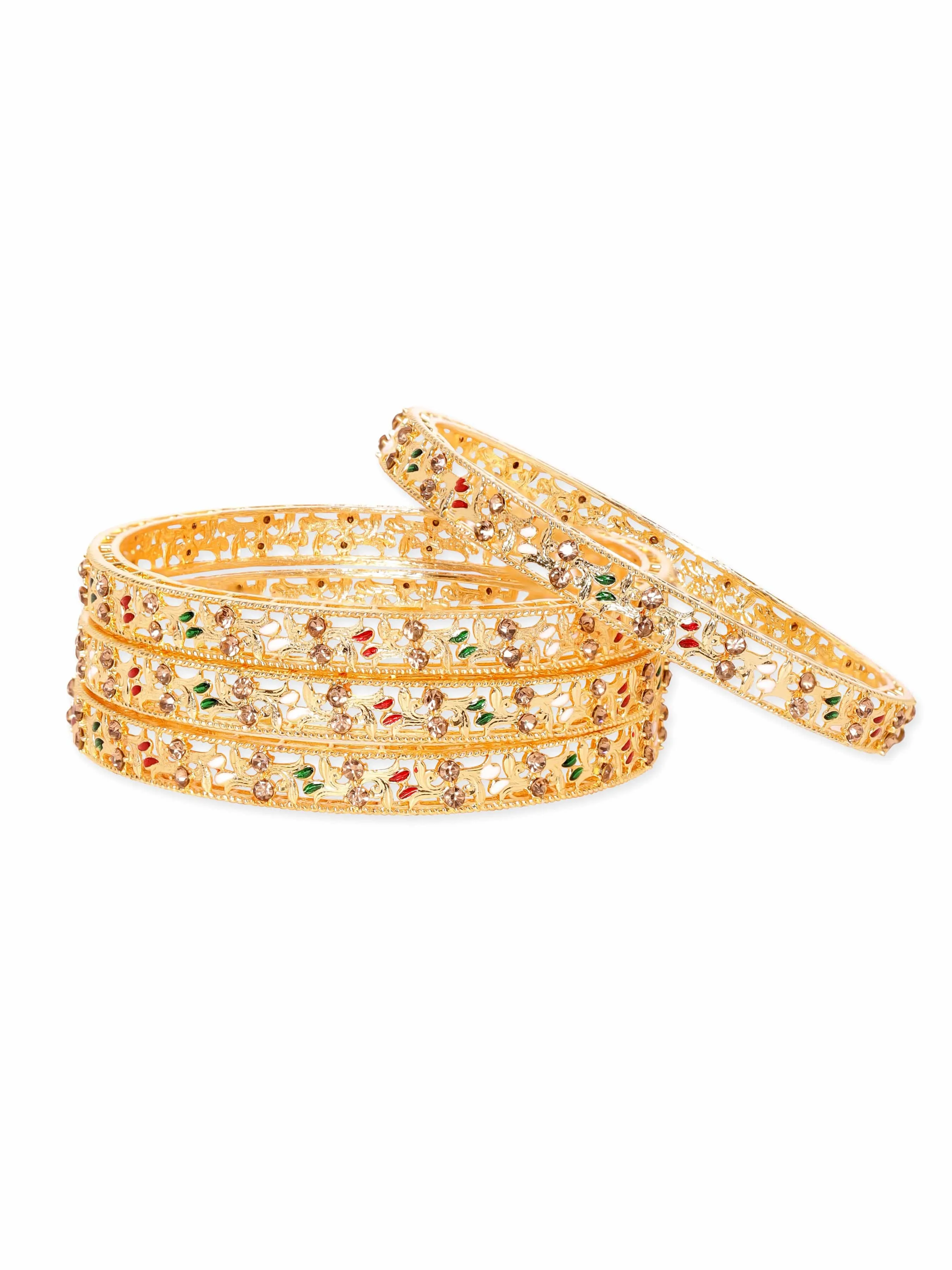 Rubans Set of 4, 22K Gold plated multicolour zirconia filigree detailed bangles  "