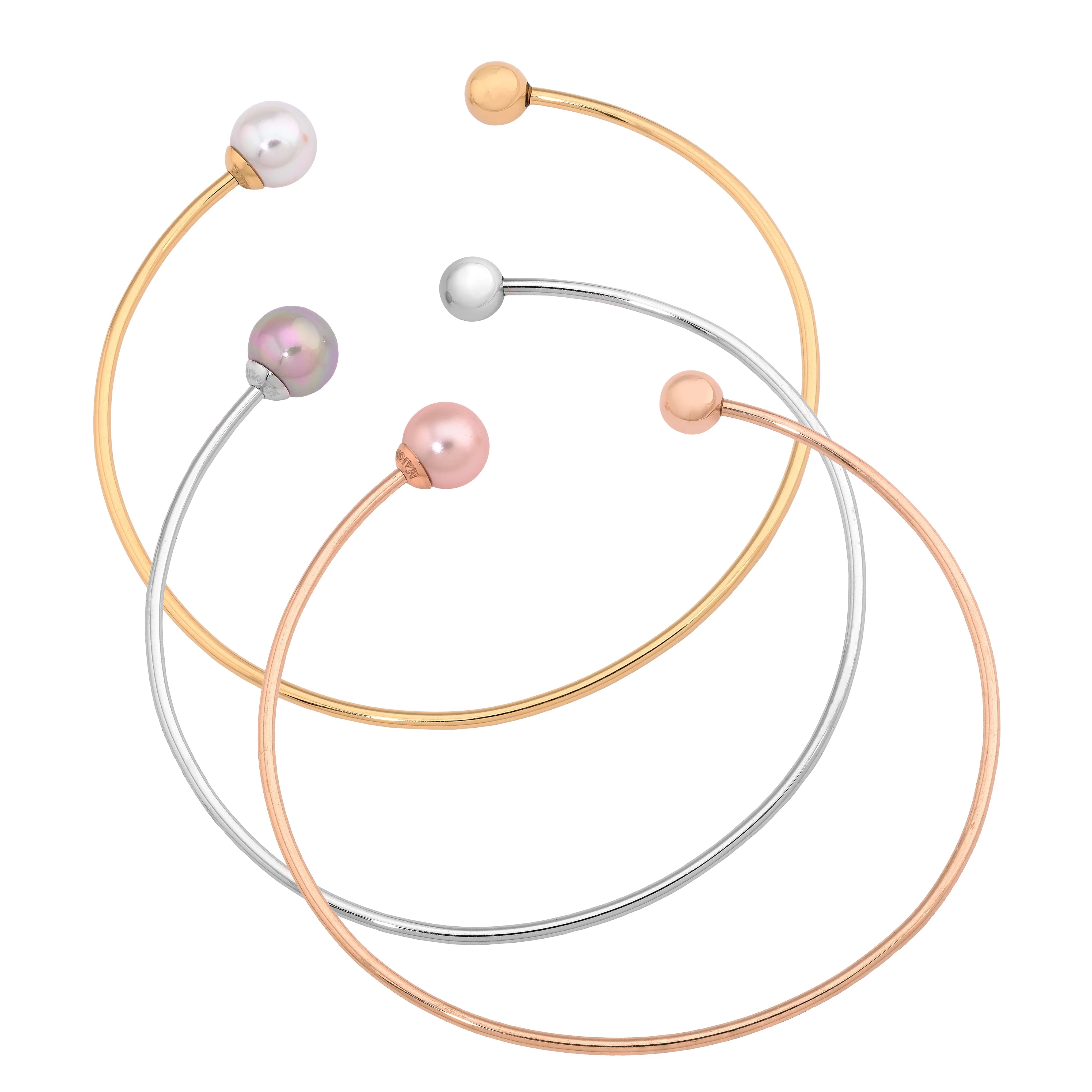 Set 3 of Bracelets 2.3x 2.3 Titanium Rhodium, Gold and Rose Gold Plated, 8mm Round Nuage, White and Pink Pearls and Stainless Steel ball, Aura Collection