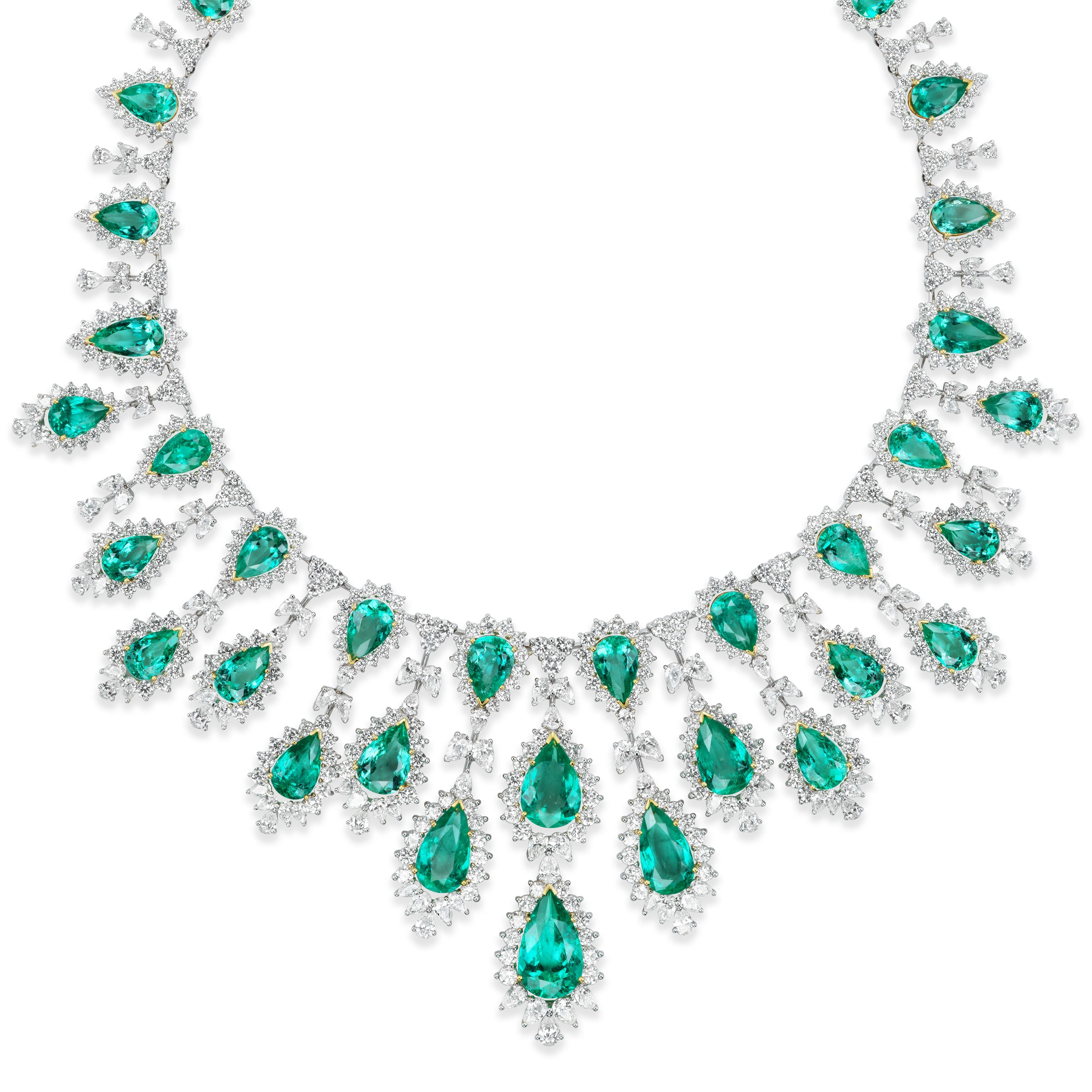 Van Necklace & Earrings Suite (220.66 ct Colombian Emeralds & Diamonds) in 18K Gold