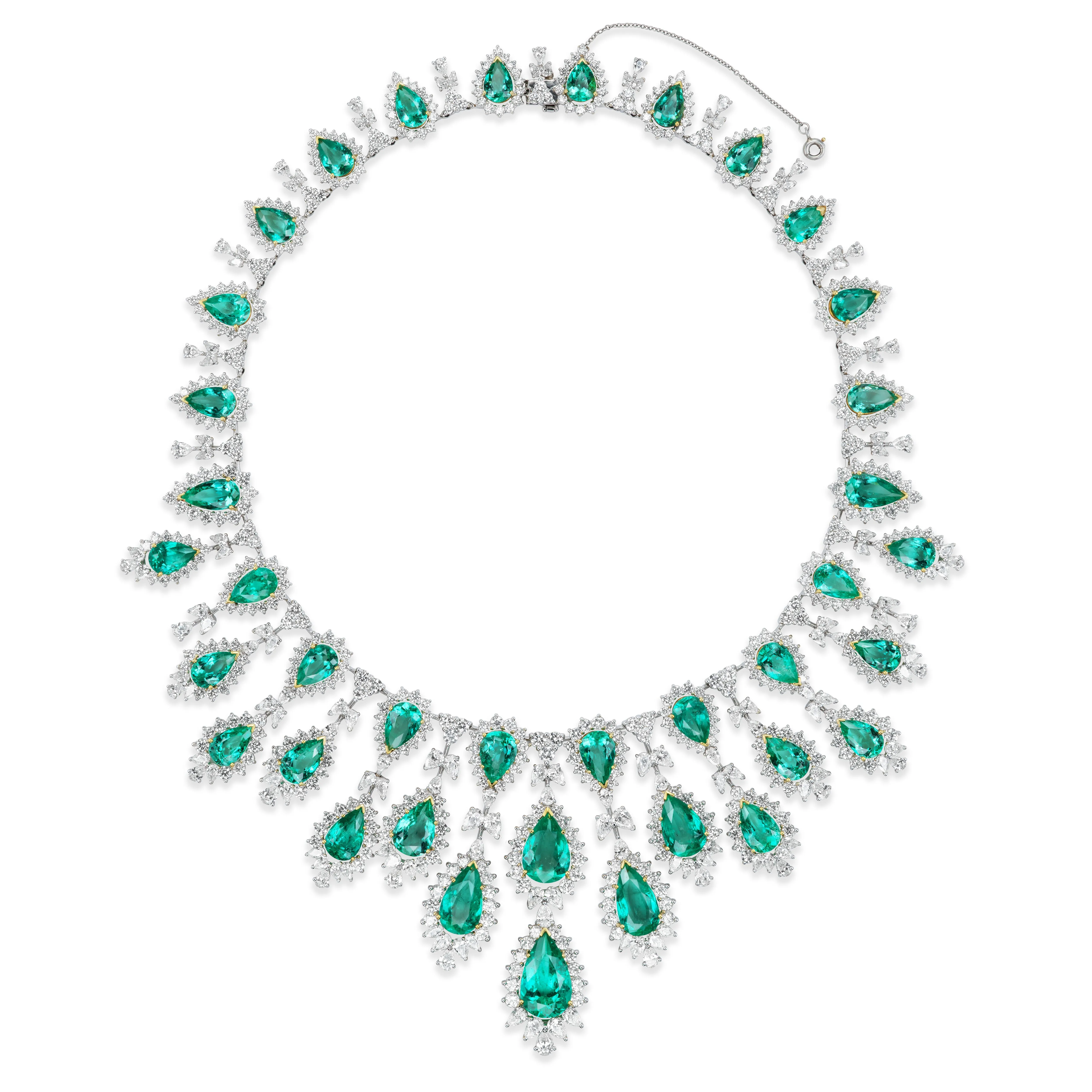 Van Necklace & Earrings Suite (220.66 ct Colombian Emeralds & Diamonds) in 18K Gold